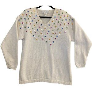 PA International Vintage Women Sweater Size M Ivory Jewel Party Holiday 42-5